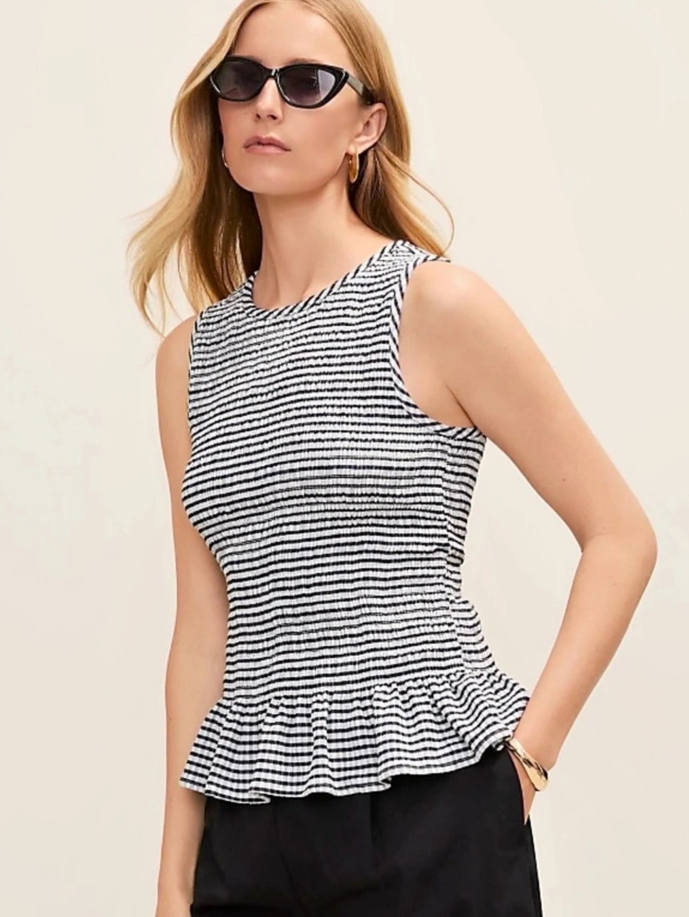 Ann Taylor Gingham Smocked Peplum Tank Black & White Medium